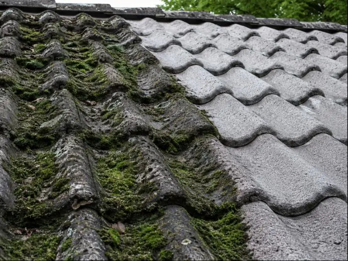 Dak met mos: links vervuild, rechts na reiniging door WM-Cleaning